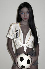 157cm TPE Sex Doll Zoe Woman with grey skin and blue eyes wearing a tied white soccer jersey and denim shorts holding a soccer ball in front of her