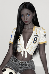 157cm TPE Sex Doll Zoe Standing front view of a woman with grey skin and blue eyes wearing a tied jersey and denim shorts soccer ball at bottom