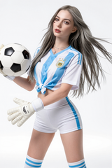 173cm Hybrid Sex Doll Julia A woman with long grey hair wearing a tied Argentina soccer jersey and white shorts holding a soccer ball Mid-thigh crop studio background