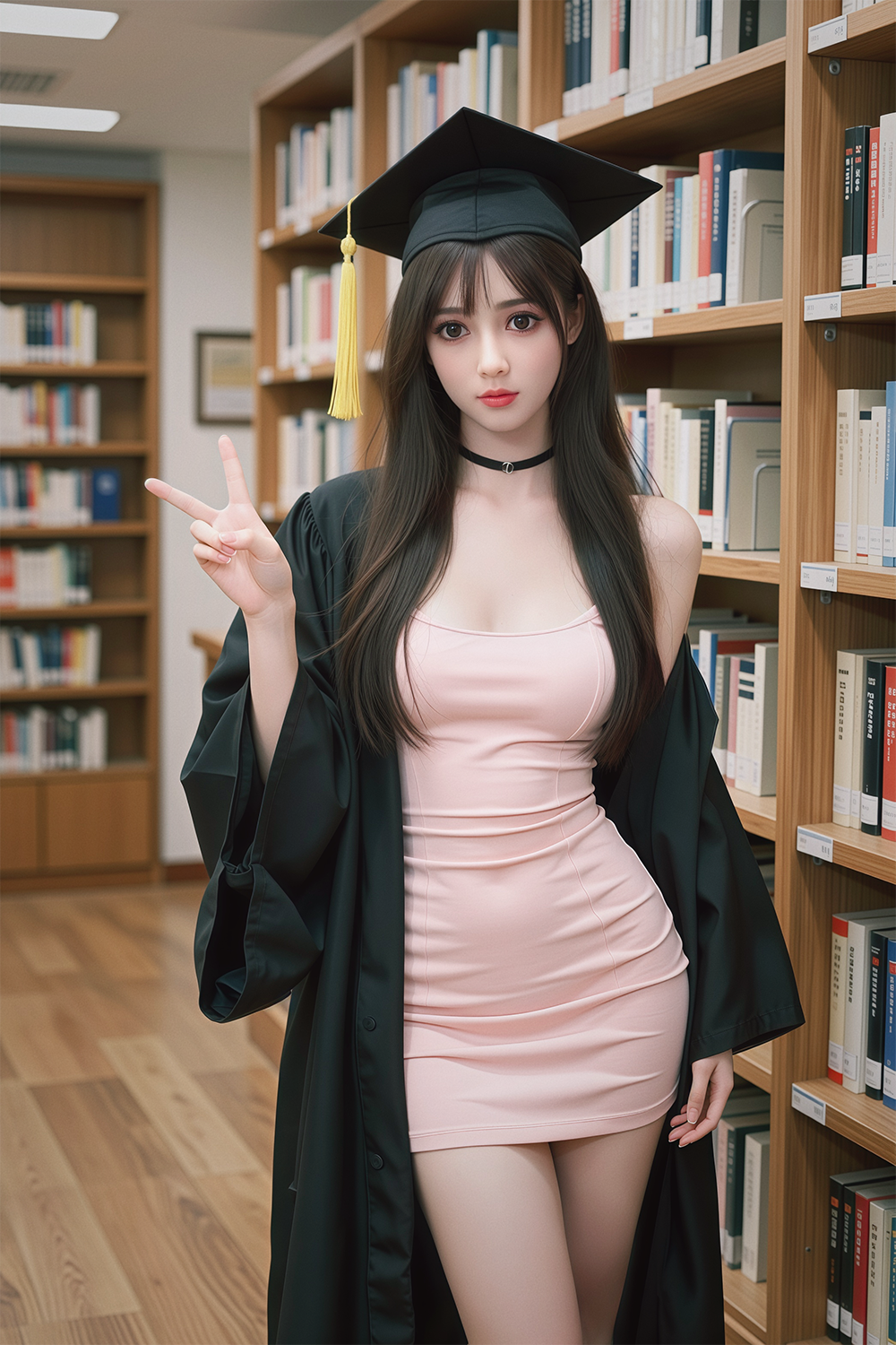 148cm TPE Sex Doll Anna Full body shot of a woman in a pink mini dress and graduation gown making a peace sign standing in a library