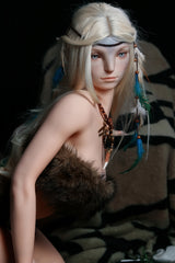 170cm Silicone Sex Doll Madeline Close-up portrait of a blonde elf figure with tribal accessories and blue feathers looking directly at camera