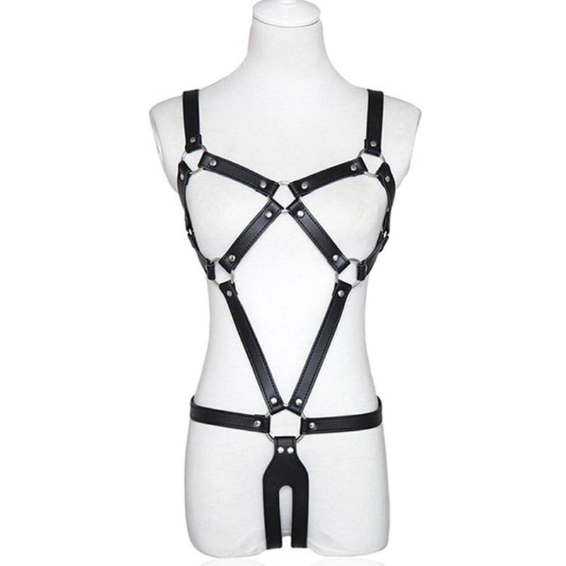 PU Leather Full Body Bondage Exposed Breast Harness Bra BDSM Chastity Belt - Best Love Sex Doll