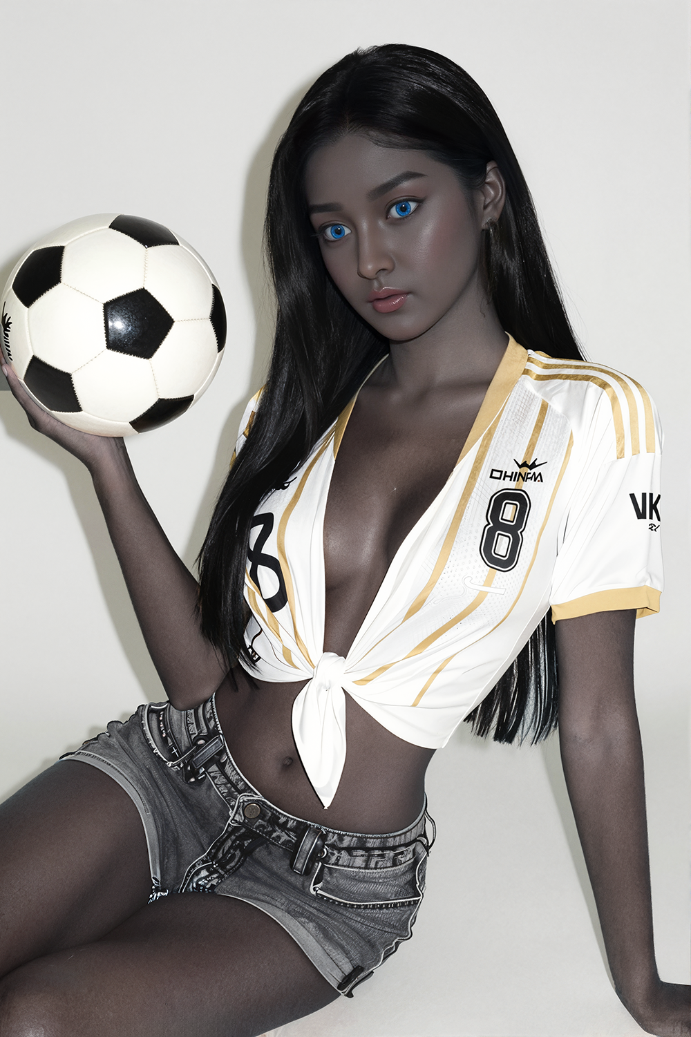 157cm TPE Sex Doll Zoe Woman with grey skin and blue eyes wearing a tied white soccer jersey and denim shorts holding a soccer ball