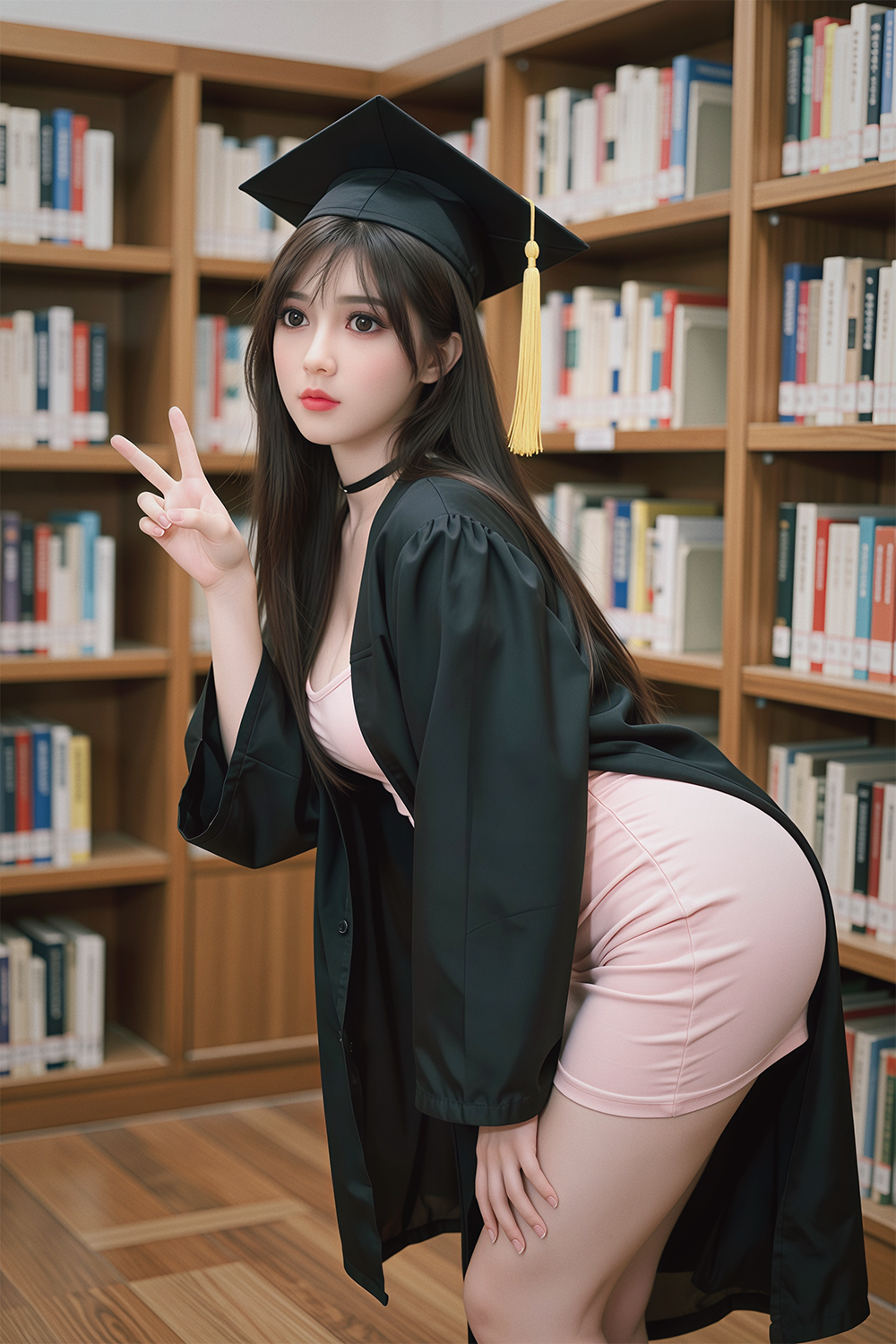 148cm TPE Sex Doll Anna Full body shot of a woman in pink dress and graduation gown peace sign standing in a library