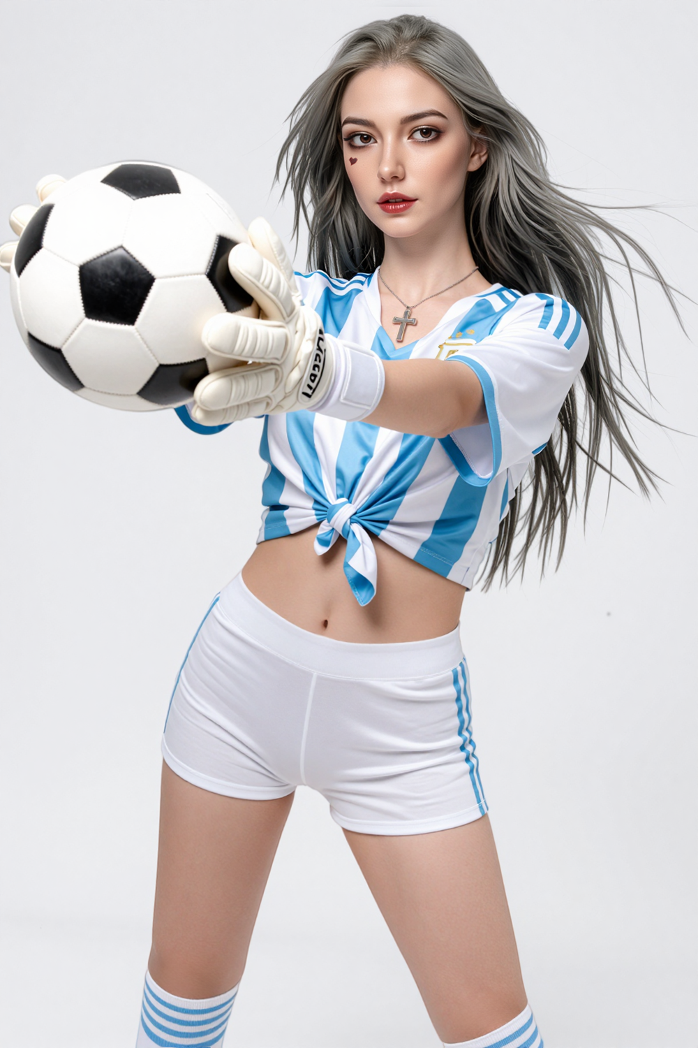 173cm Hybrid Sex Doll Julia Woman with grey hair wearing a blue and white striped soccer jersey tied at the waist white shorts and goalkeeper gloves holding a soccer ball