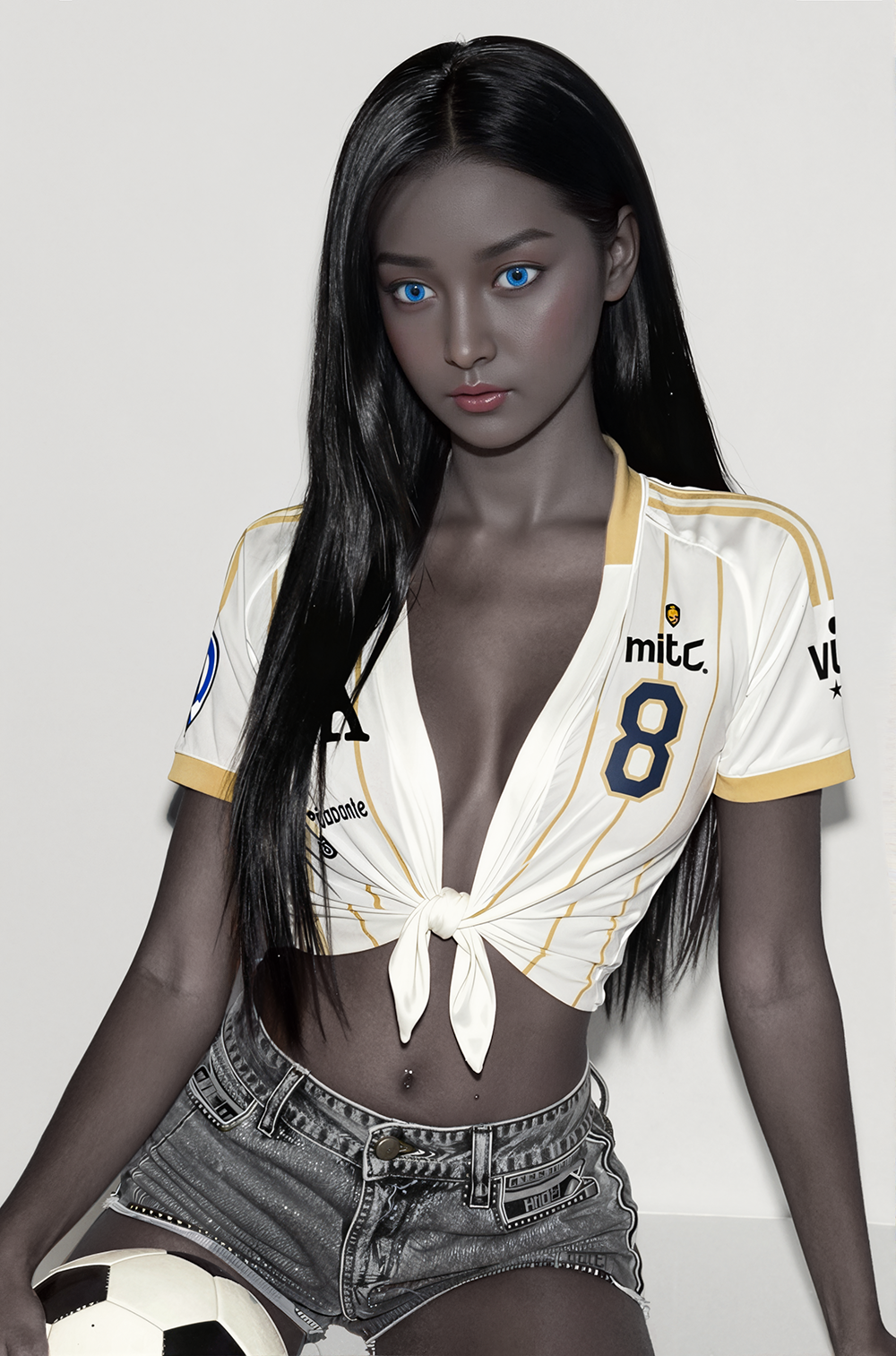 157cm TPE Sex Doll Zoe Standing front view of a woman with grey skin and blue eyes wearing a tied jersey and denim shorts soccer ball at bottom