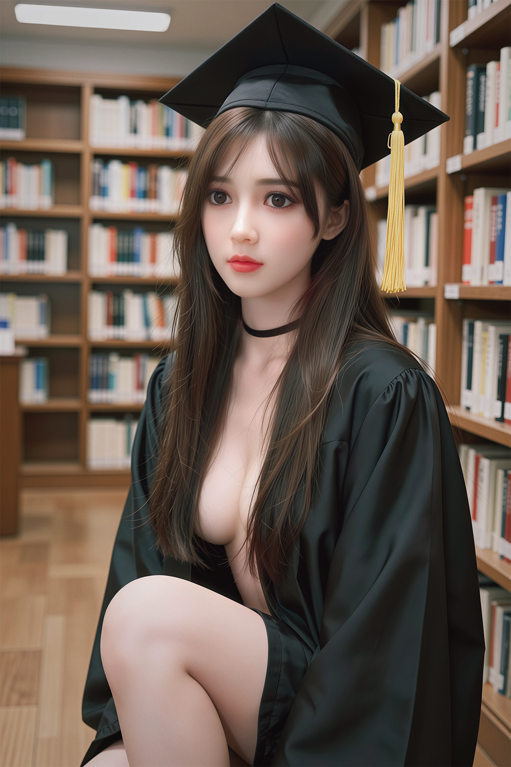 148cm TPE Sex Doll Anna Woman wearing a graduation cap and open gown partially exposing her chest sitting in a library