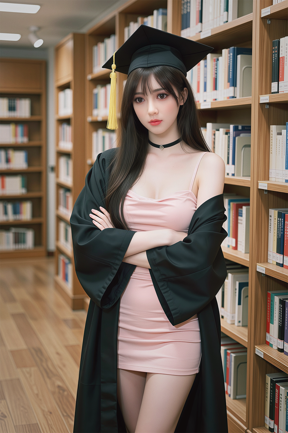 148cm TPE Sex Doll Anna Full body shot of a woman in a pink mini dress and graduation gown arms crossed standing in a library