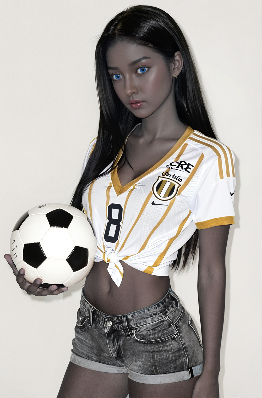 157cm TPE Sex Doll Zoe Standing front view of a woman with grey skin and blue eyes wearing a white and yellow tied jersey and denim shorts holding a soccer ball