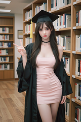 148cm TPE Sex Doll Anna Full body shot of a woman in a pink mini dress and graduation gown making a peace sign standing in a library