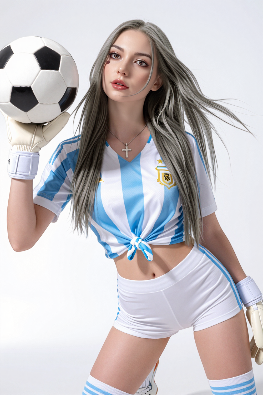 173cm Hybrid Sex Doll Julia A woman with grey hair wearing an Argentina-themed soccer jersey tied at the waist and white shorts She is holding a soccer ball on her gloved hand posi