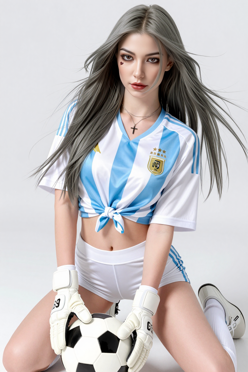 173cm Hybrid Sex Doll Julia A woman with long grey hair wearing a tied Argentina soccer jersey and white shorts kneeling on the floor holding a soccer ball