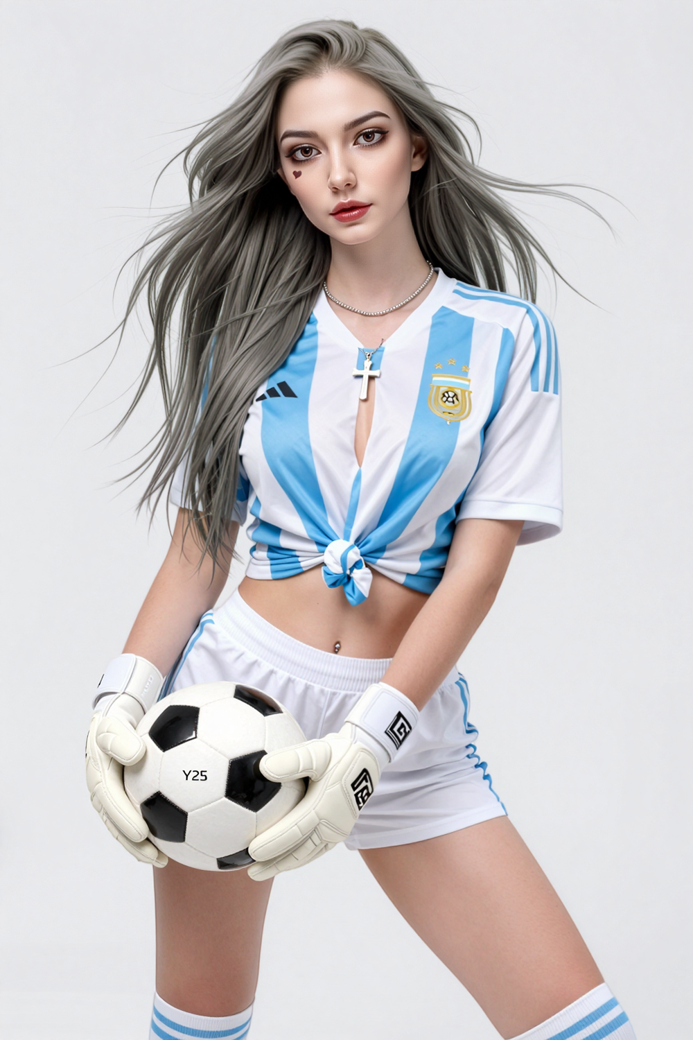 173cm Hybrid Sex Doll Julia A woman with long grey hair wearing a knotted Argentina soccer jersey and white shorts holding a soccer ball in goalkeeper gloves Mid-thigh crop studio