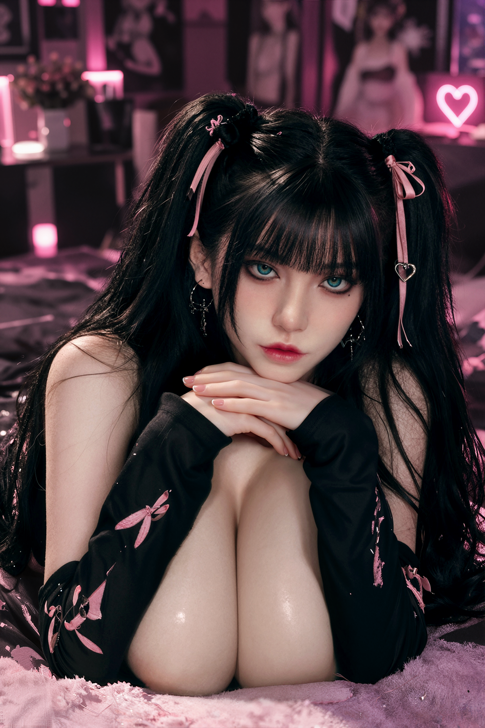 170cm Hybrid Sex Doll Raven Close-up portrait of a woman with pigtails leaning on her arms direct eye contact in a purple-lit bedroom