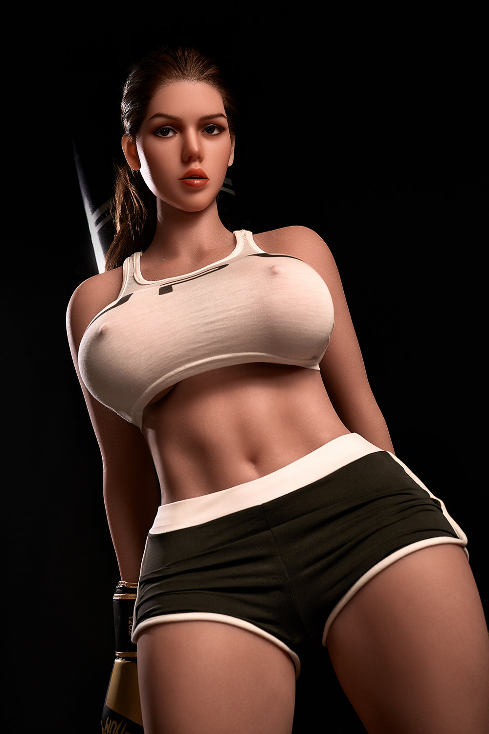 163cm Hybrid Sex Doll Diana Medium shot of a woman in a white sports bra and black shorts against a black background