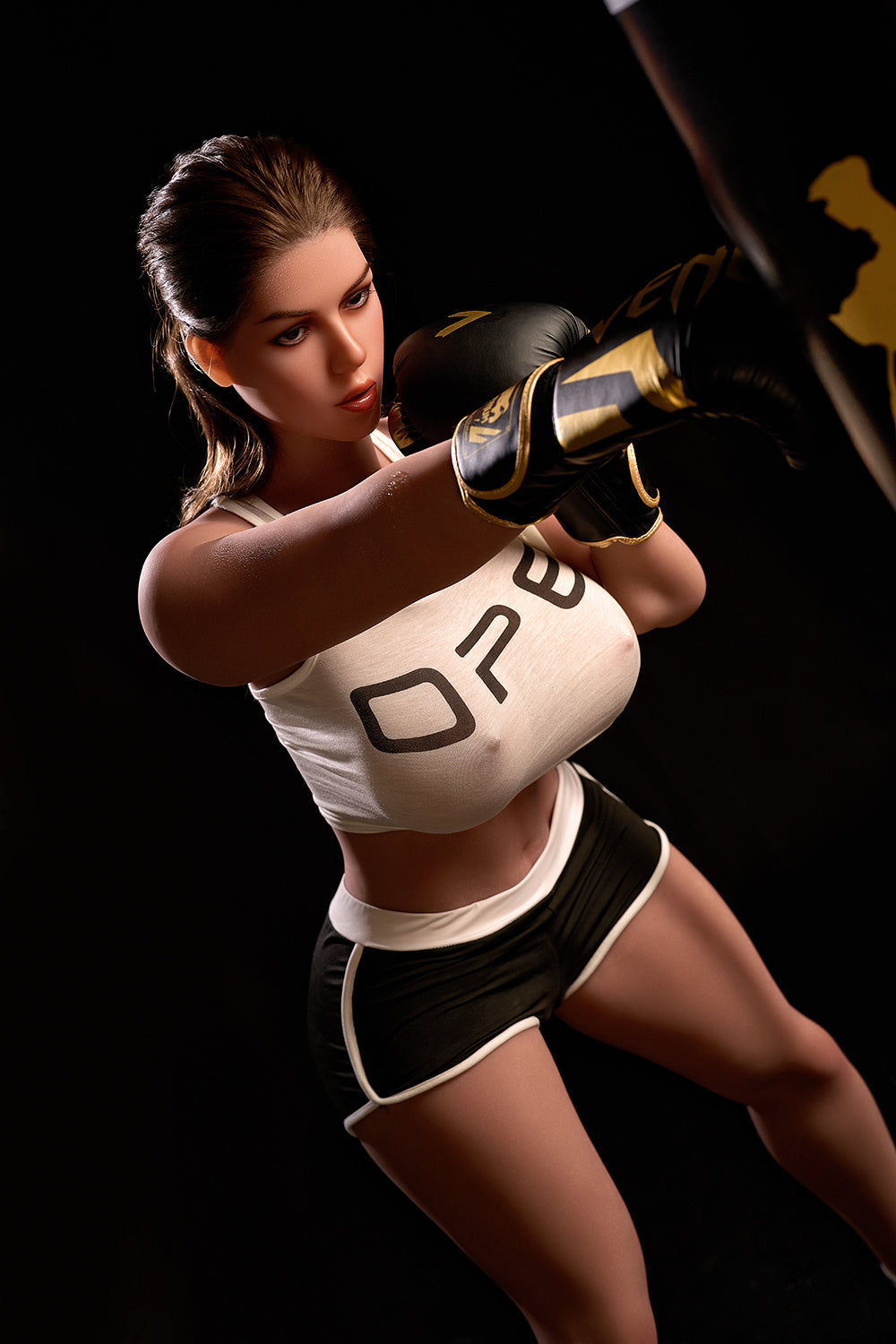 163cm Hybrid Sex Doll Diana Three-quarter view of woman in boxing gear punching a bag