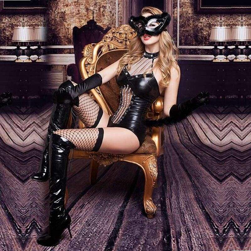 Catwoman II - Set de lenjerie sexy din piele PU cu mască costum erotic pentru femeie