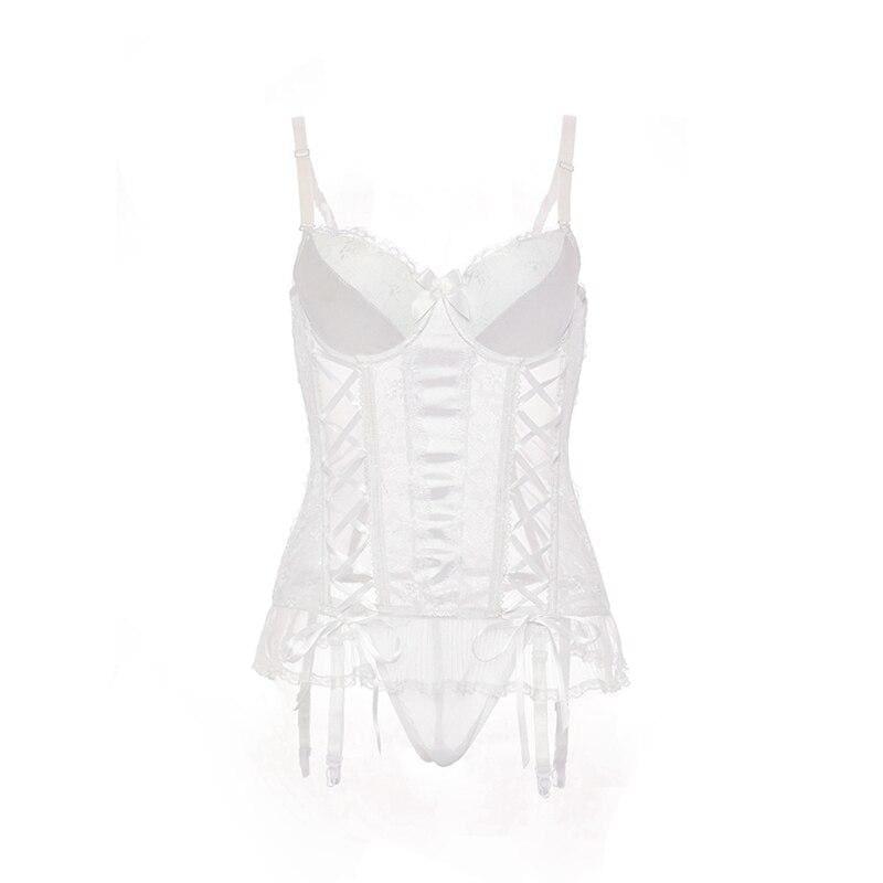 Corset+Garter+Thong - Sexy Transparent Lace Mesh Bustier Push Up Corselet Set - Best Love Sex Doll