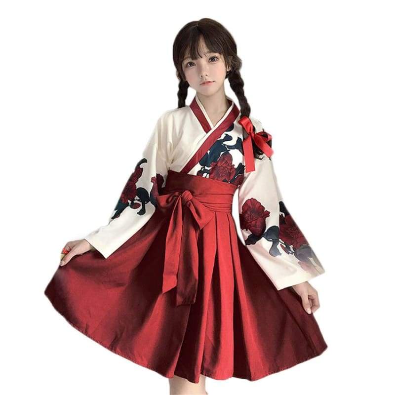 Cute Japanese Girls' Summer Yukata - Long Sleeve Floral Top + Skirt - Best Love Sex Doll