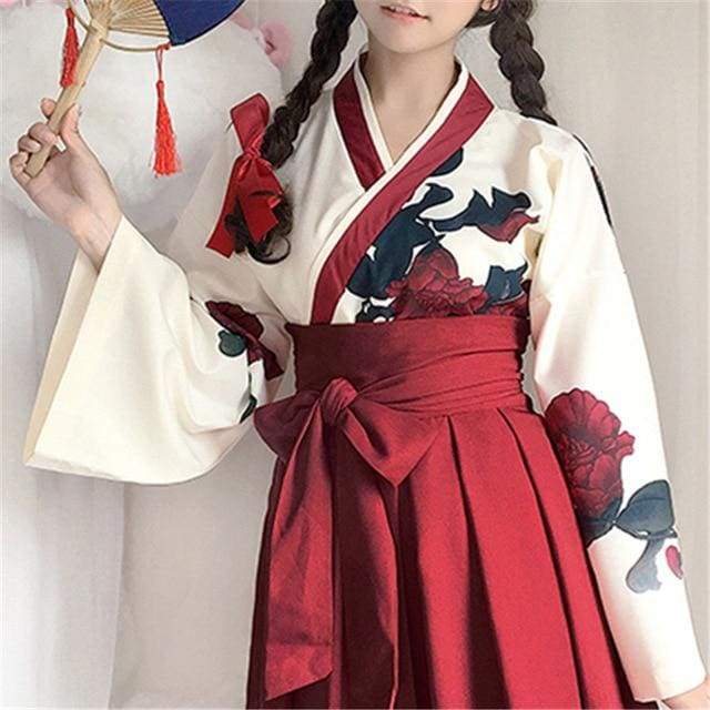 Cute Japanese Girls' Summer Yukata - Long Sleeve Floral Top + Skirt - Best Love Sex Doll