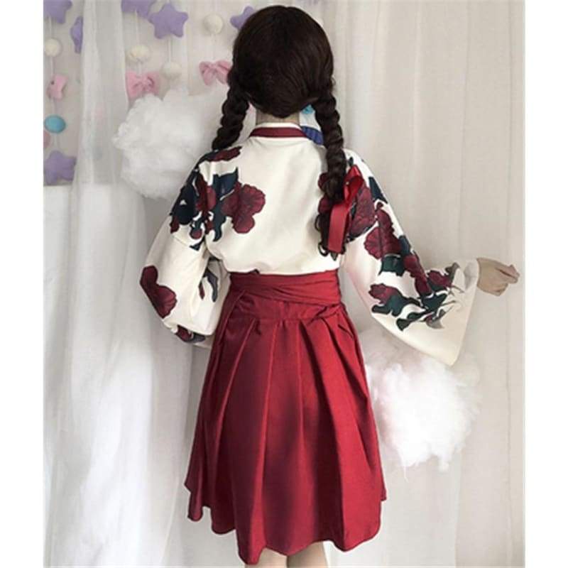 Cute Japanese Girls' Summer Yukata - Long Sleeve Floral Top + Skirt - Best Love Sex Doll