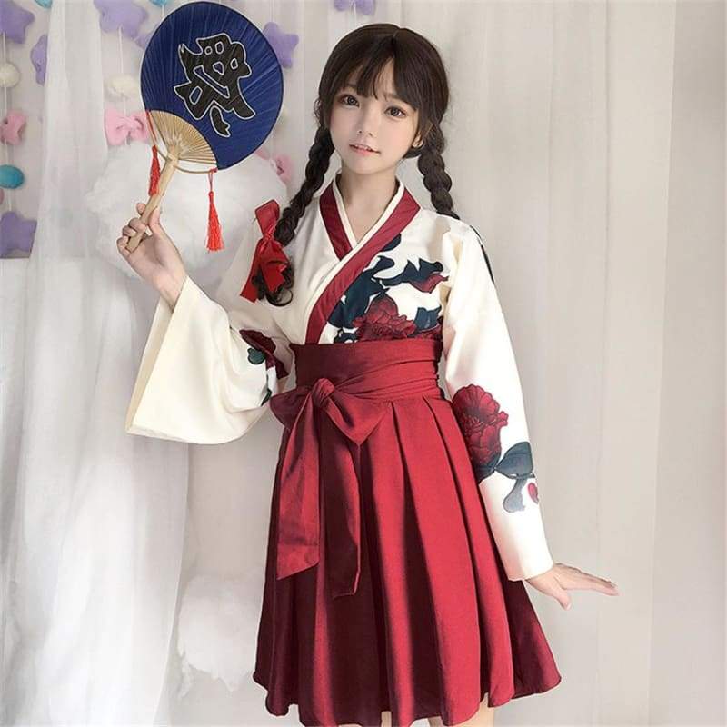 Cute Japanese Girls' Summer Yukata - Long Sleeve Floral Top + Skirt - Best Love Sex Doll