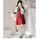 Cute Japanese Girls’ Summer Yukata - Long Sleeve Floral Top + Skirt - Red Short Set / S