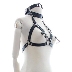 Eight - Fetish Neck Bondage With Nipple Chain Clamps PU Leather Erotic Chest Harness