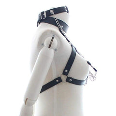 Eight - Fetish Neck Bondage With Nipple Chain Clamps PU Leather Erotic Chest Harness