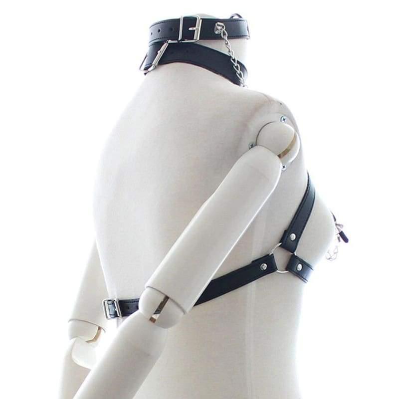 Eight - Fetish Neck Bondage With Nipple Chain Clamps PU Leather Erotic Chest Harness