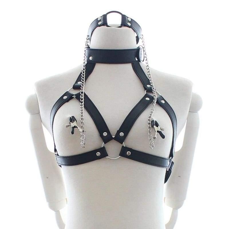 Eight - Fetish Neck Bondage With Nipple Chain Clamps PU Leather Erotic Chest Harness