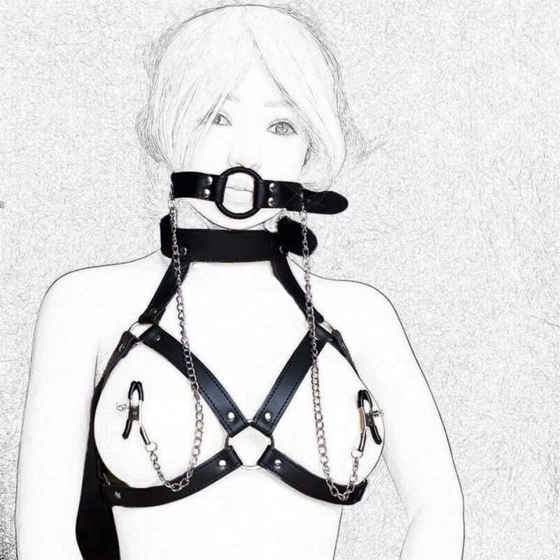 Eight - Fetish Neck Bondage With Nipple Chain Clamps PU Leather Erotic Chest Harness