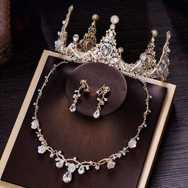 Elf Queen Crown + Colier + Cercei - Articole de mireasă din diamant simulate baroc manual