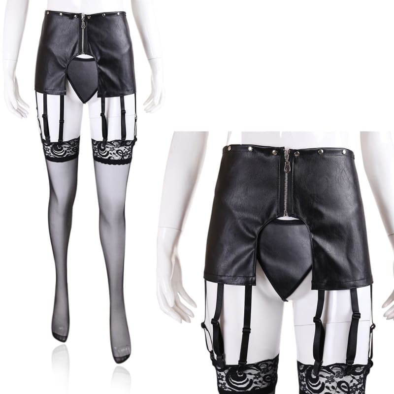 Governess - Open Hip Garter PU Leather T-back Adjustable Chastity Belts BDSM Perforated Panties
