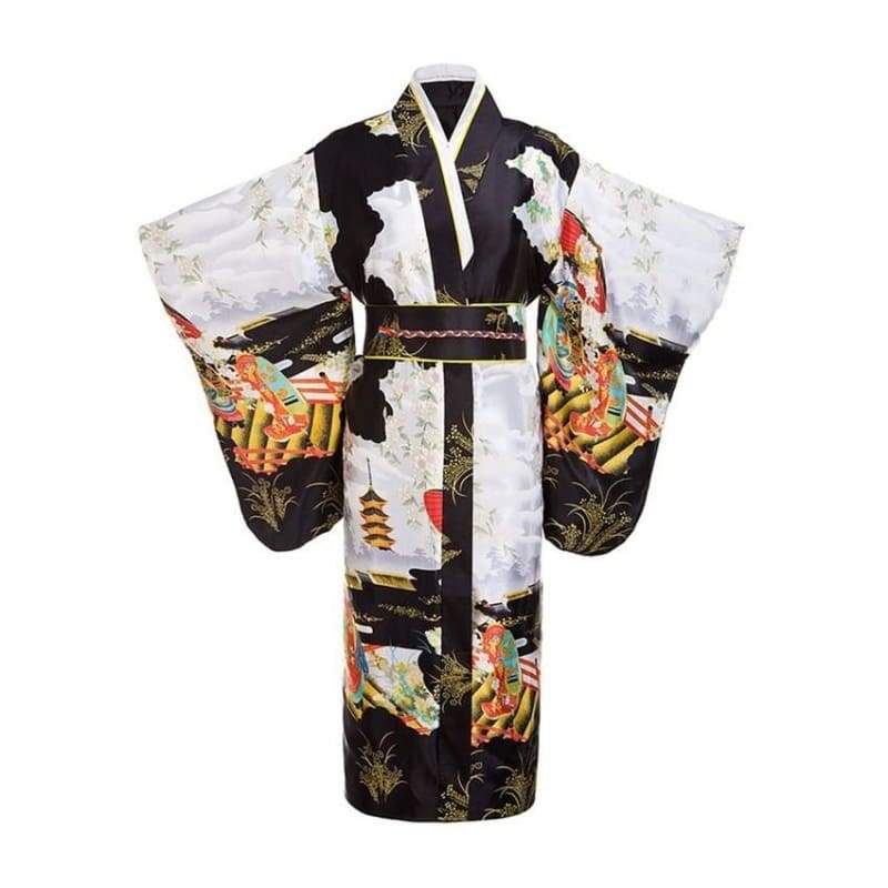 Японское традиционное кимоно с винтажным вечерним платьем с цветком Оби - черный / Один размер