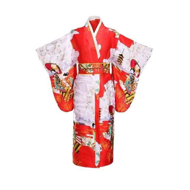 Японское традиционное кимоно с винтажным вечерним платьем с цветком Оби - красный / один размер