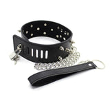 Necklace - Fetish PU Leather Metal Rivets Slave Neck Collar Bondage Adjustable Collar Choker With Chain Leash Restraints - Black