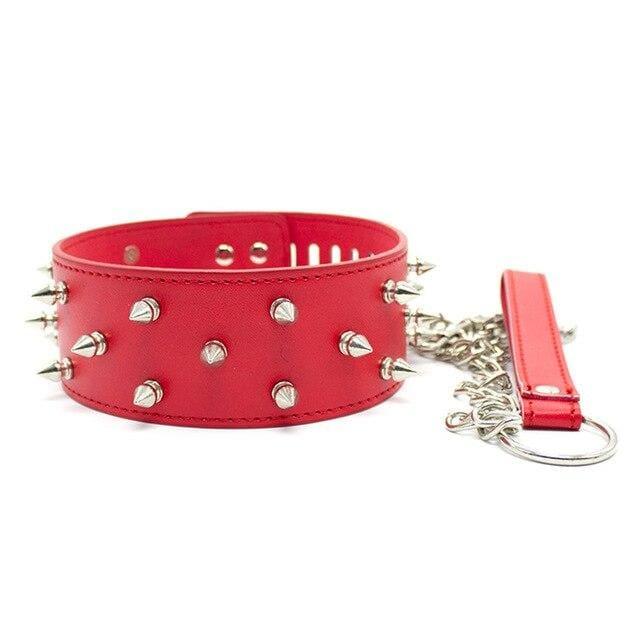 Necklace - Fetish PU Leather Metal Rivets Slave Neck Collar Bondage Adjustable Collar Choker With Chain Leash Restraints - Red