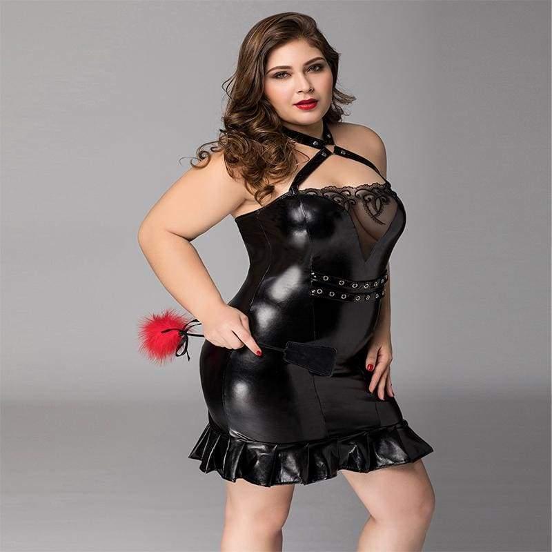 Plus Size Fetish Nightwear - PU Leather Latex Waist Dress With Halter Sexy Lingerie Set XXL - Best Love Sex Doll