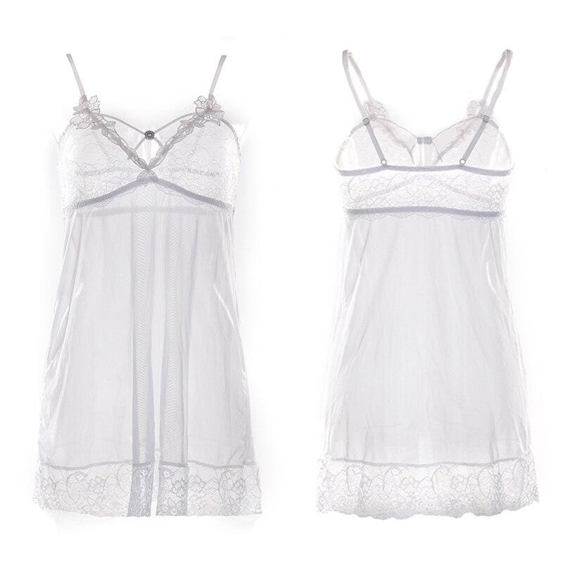 Платье-комбинация + стринги - женские белые кружевные пижамы, сексуальное нижнее белье, краткий комплект