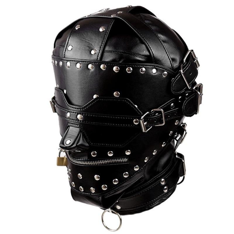 Steampunk Knight - Unisex Leather Rivet Mask With Mouth Zip&Collar Handcraft Blindfold Open Mouth Slave Bondage