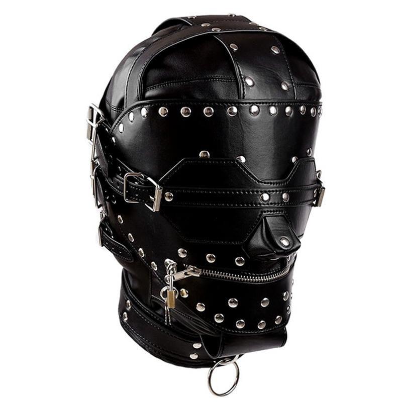 Steampunk Knight - Unisex Leather Rivet Mask With Mouth Zip&Collar Handcraft Blindfold Open Mouth Slave Bondage