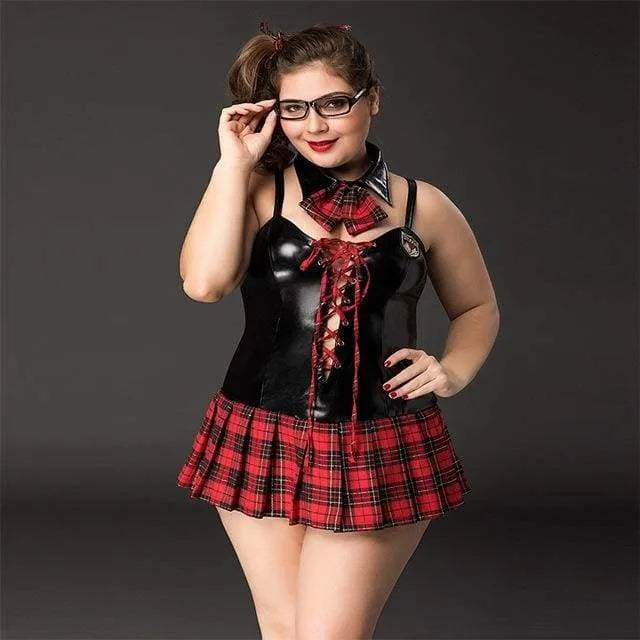 Student Plus Size - Faux Leather and Plaid Skirt Erotic Costumes Sex Uniform XL - Best Love Sex Doll