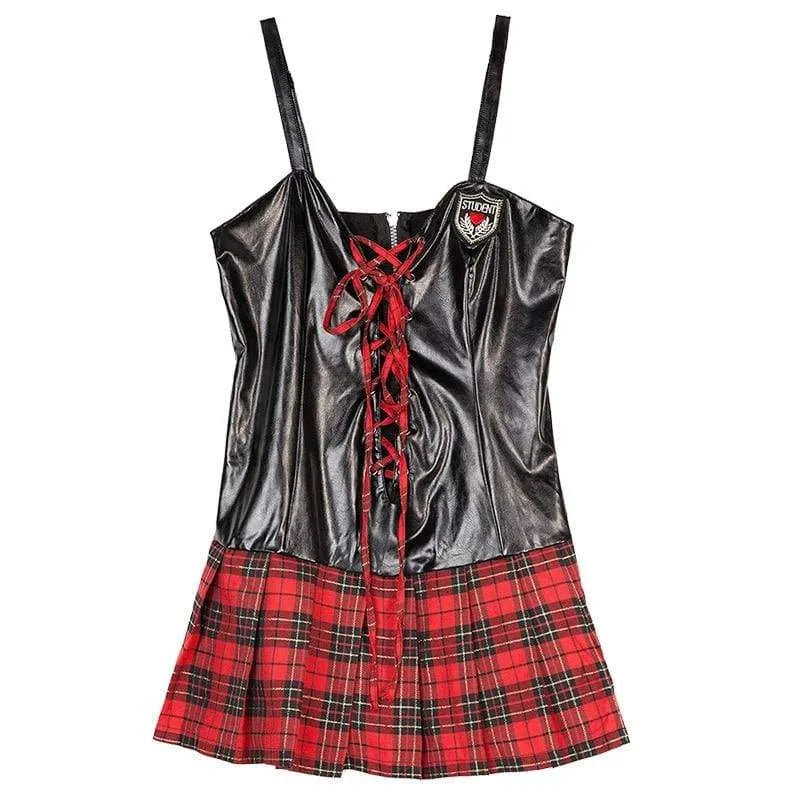 Student Plus Size - Faux Leather and Plaid Skirt Erotic Costumes Sex Uniform XL - Best Love Sex Doll