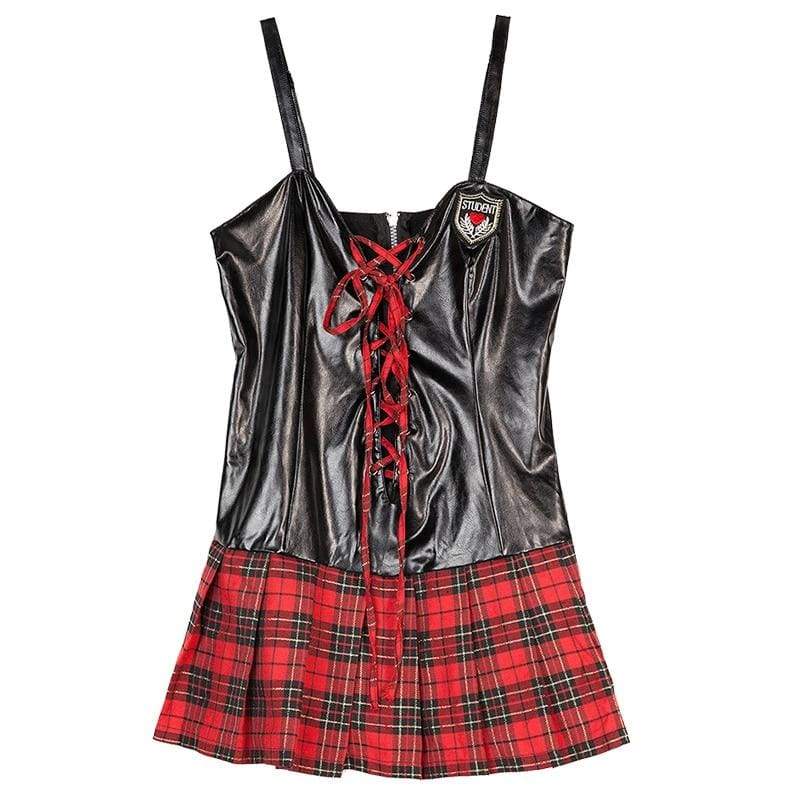 Tallas grandes para estudiantes - Falda de cuero y cuadros escoceses Disfraces eróticos Sex Uniform XL