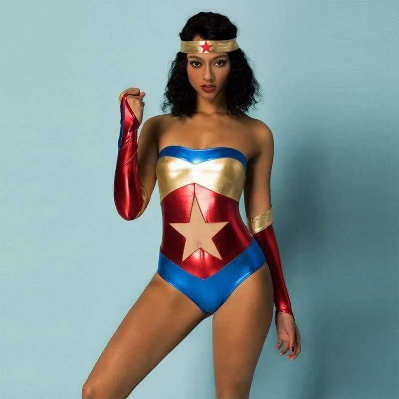 Superhero - Marvel Theme PU Bodysuit Wonder Woman Uniform Strapless Latex Costume - Best Love Sex Doll