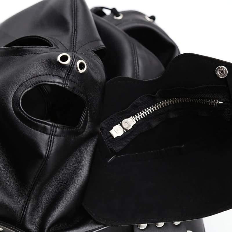 Villain - Full Face Mask With Zipper PU Leather Muzzle & Open Eyes Slave Enclosed Headgear