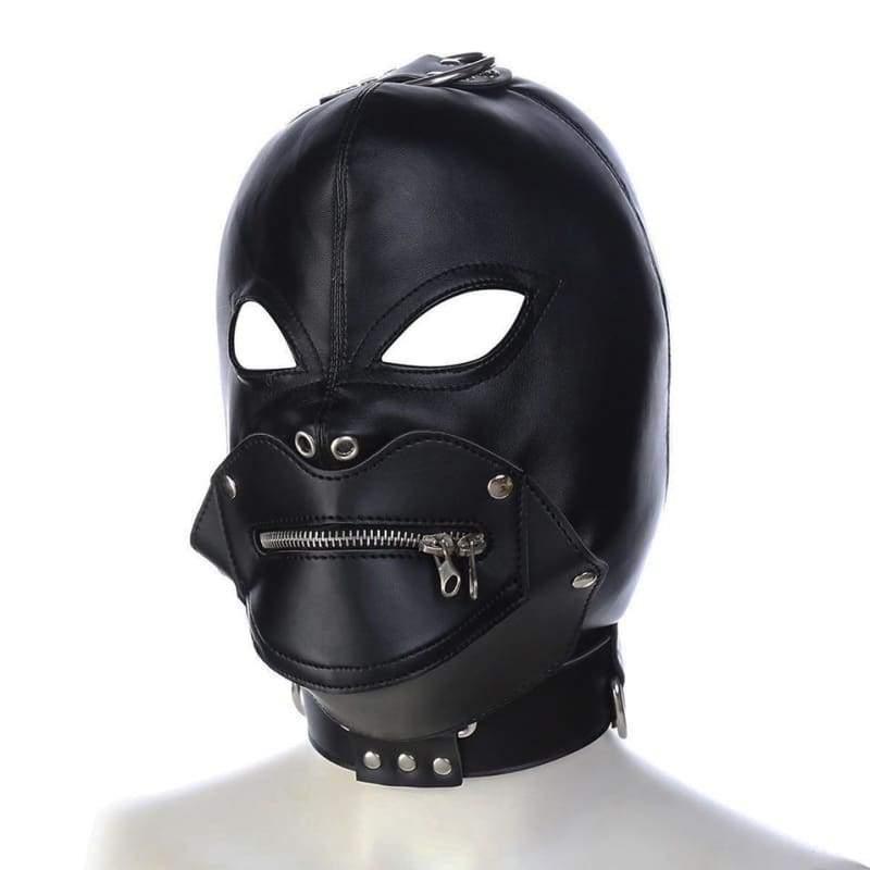 Villain - Full Face Mask With Zipper PU Leather Muzzle & Open Eyes Slave Enclosed Headgear