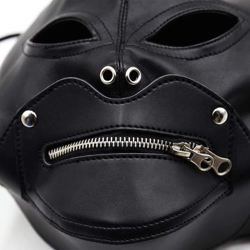 Villain - Full Face Mask With Zipper PU Leather Muzzle & Open Eyes Slave Enclosed Headgear