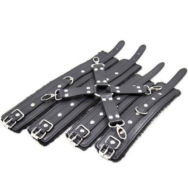 X - PU Leather Plush BDSMCross Buckle Handcuffs Ankle Cuffs Adjustable Slave Cross Cuffs Bondage Restraints - Black